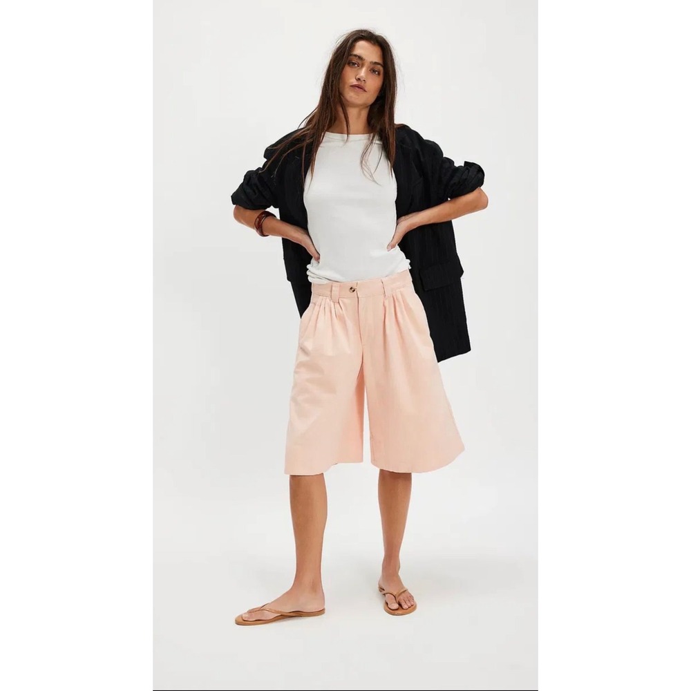 Free‎ People Sadie A Line Long Shorts Peach Blush Pleated Bermuda Size 8 NWT - Picture 4 of 9